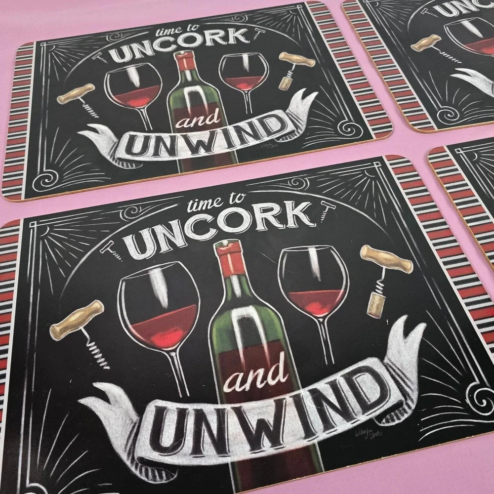 Wellington Studio Wine Placemats Set of 4 Cork Back Uncork and Unwind Chalkboard